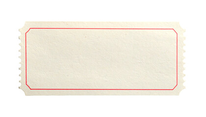 A blank rectangular off-white ticket with a red border, serrated edges on black background