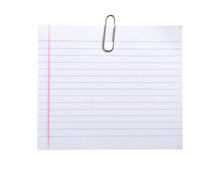 Isolated lined paper with a paperclip, against a black background