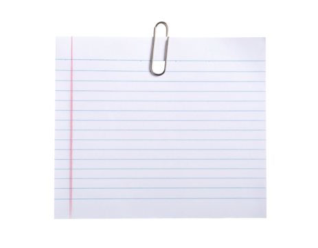 Isolated lined paper with a paperclip, against a black background