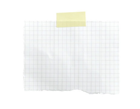 A torn, grid-lined paper square secured with a yellow tape piece, set on black