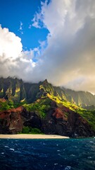 Dramatic coastal landscape, vibrant colors, sunlit peaks