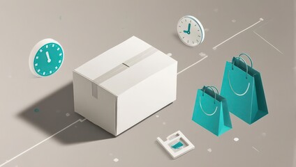 Isometric illustration showcasing delivery elements, a box, shopping bags, clocks, and a receipt symbol