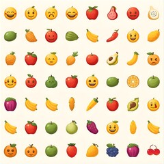 Food and fruit vector emoji illustration. Food and beverages, fruits symbols, emojis, emoticons, stickers, icons Vegetables, cakes, vector illustration flat icons set, collection. Vector illustration