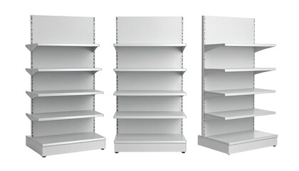 Three clean white empty retail shelving units side-by-side, various heights and designs