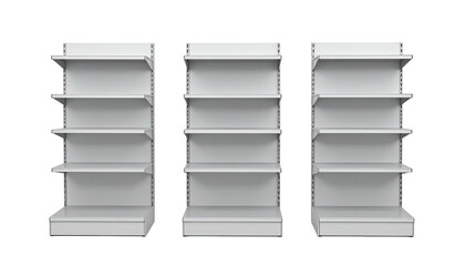 Three identical, empty, white shelves standing side-by-side against a black background