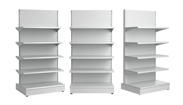 Three clean white empty retail shelving units side-by-side, various heights and designs