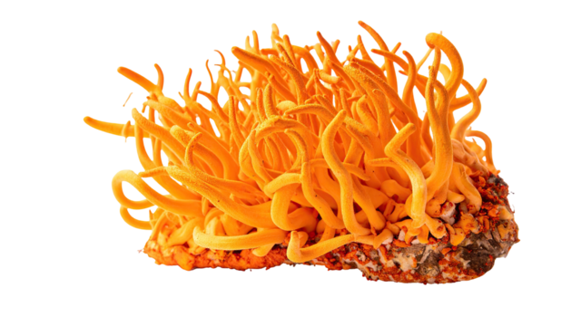 Vibrant orange, worm-like fungi, growing from a brown base with detailed texture