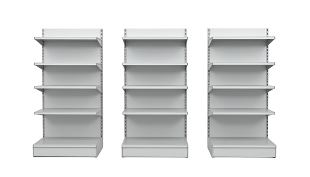 Three identical, empty, white shelves standing side-by-side against a black background