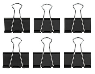 Six black metal office paper clips are arranged in two rows on a transparent background