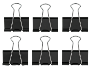 Six black metal office paper clips are arranged in two rows on a transparent background