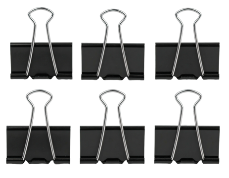 Six black metal office paper clips are arranged in two rows on a transparent background