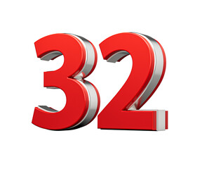 Bold Vibrant Red Number Thirty two Number 32 With Metallic On White Background 3D Illustration