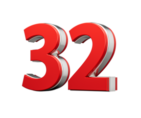 Bold Vibrant Red Number Thirty two Number 32 With Metallic On White Background 3D Illustration