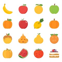 Food and fruit vector emoji illustration. Food and beverages, fruits symbols, emojis, emoticons, stickers, icons Vegetables, cakes, vector illustration flat icons set, collection. Vector illustration