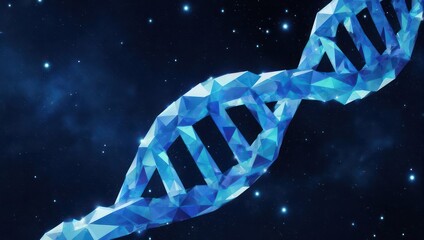 Low-poly 3D rendering of a DNA helix against a starry, dark blue background