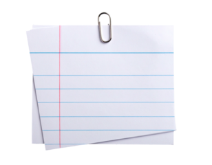 Two sheets of lined paper held together by a metallic paper clip on a black background