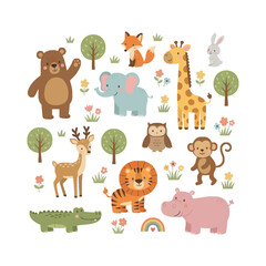 Cute Cartoon Animal Set with Pets and Zoo Characters