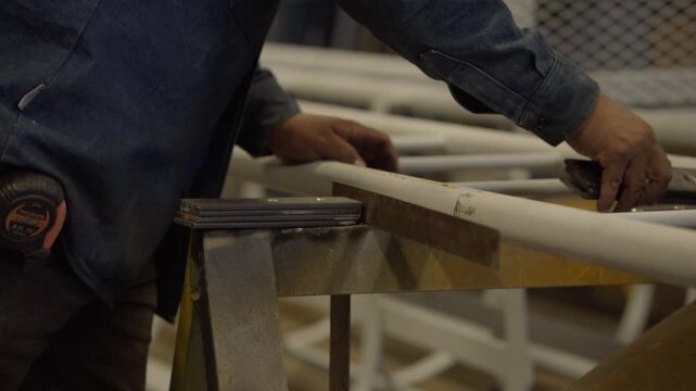 Slow motion shot of a worker adjusting a metal ladder inside a workshop environment during industrial assembly.