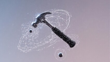 Metallic hammer hovering, surrounded by a 3D polygonal mesh and small spheres, gradient background