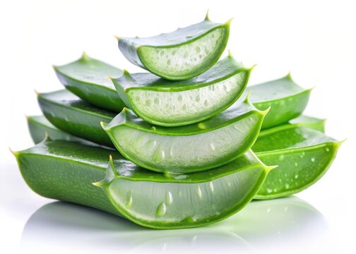 Fresh aloe vera gel-filled sections on a white background with visible clear gel