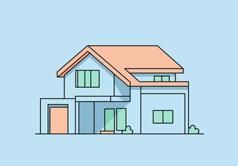 Fototapeta premium Cartoon Style Two-Story House with Garage and Peach Roof on Blue Background.
