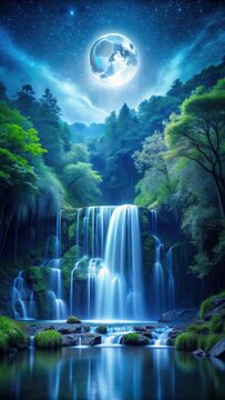 Serene forest landscape at night with a moonlit waterfall cascading down