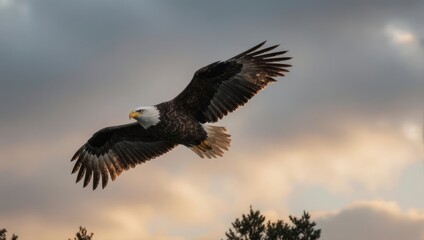 Obraz premium Majestic eagle soars through the sky, wings spread, sunlight illuminates it, capturing the spirit of nature