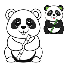 A cute panda cartoon munches happily on fresh bamboo, sitting with big eyes and a playful smile, perfect for a fun and engaging coloring page for all ages.
