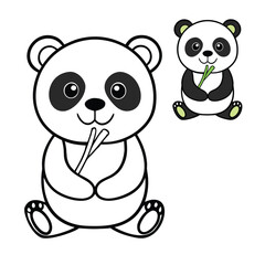 Obraz premium A cute panda cartoon munches happily on fresh bamboo, sitting with big eyes and a playful smile, perfect for a fun and engaging coloring page for all ages. 