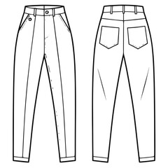 Fashion flat sketch of women s high waisted pleated trousers front and back views for design and technical illustration purposes