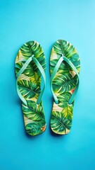 Colorful flip-flops with intricate tropical leaf patterns and vibrant green hues on a bright blue background