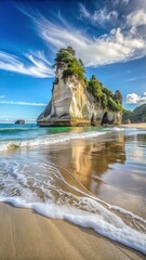 A serene ocean wave gently lapping at the rugged shore of Cathedral Cove beach at low tide