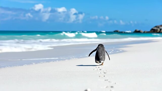 A lone penguin walks on a sandy beach towards the ocean waves.