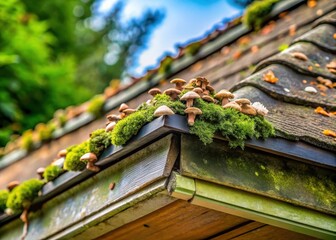 Moist fungus growth on a damp roof corner