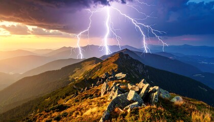 Dramatic mountain vista with lightning storm
