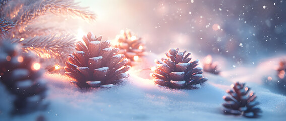 Fototapeta premium Fairy-light snow background with pine cones and lights. Christmas or New Year banner, greeting card design.