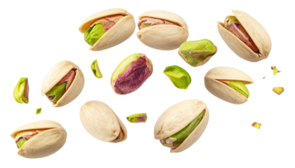 Pistachio Nuts Scattered on Transparent Background with Shelled and Unshelled Variations
