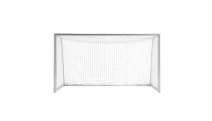 Soccer net with many black pixel clusters within, isolated on stark black backdrop