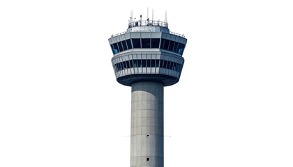 Tall concrete air traffic control tower against a plain black background