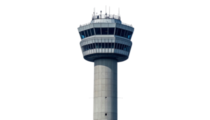 Tall concrete air traffic control tower against a plain black background