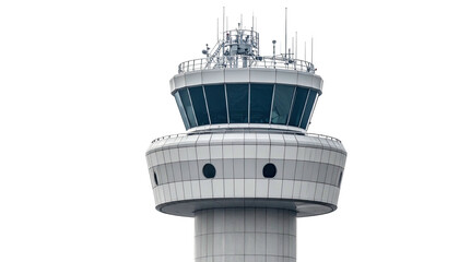 Modern airport control tower, elevated structure, clear windows, with complex antennas