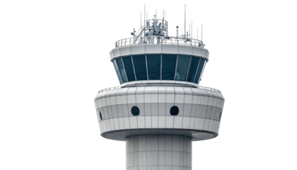 Modern airport control tower, elevated structure, clear windows, with complex antennas