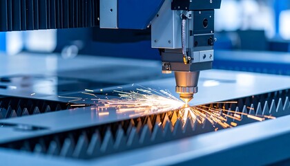 Laser cutting machine in action sparks fly on sheet metal in factory closeup.