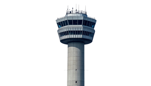 Tall concrete air traffic control tower against a plain black background