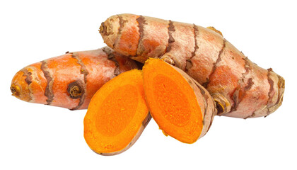 Fresh, vibrant turmeric roots, one sliced to reveal bright orange interior