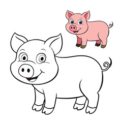 Cute farm animal pig coloring page featuring a cheerful pig standing in a barnyard. Perfect for kids to color and learn about farm life with simple, fun outlines.
