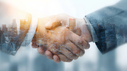 Business, finance and investment background. Business handshake, businessman shaking hand double exposure with office buildings and smart city, successful deal of global business