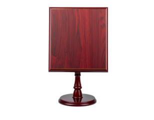 A square mahogany plaque mounted on a decorative wooden stand