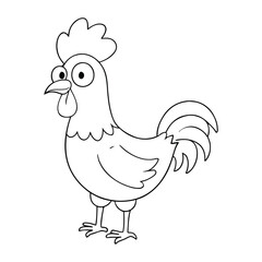 A lively farm animal rooster coloring page featuring a proud bird with detailed feathers, a bold comb, and tail plumes—perfect for kids to color and explore barnyard life.
