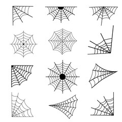 Spider Web icon set. Halloween Spider Web Set.  Spiderweb Frame, Border and Corner for Halloween Decor, Poster Design. Isolated on white background.